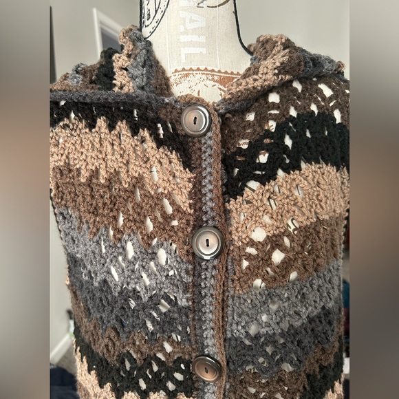 Afghan Granny style crocheted hooded duster in neutral colors S\M - Picture 2 of 8